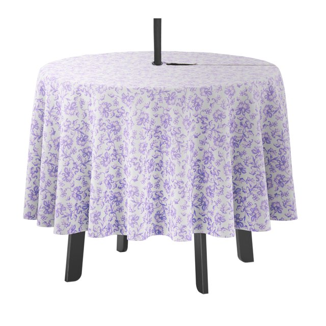 Vargottam Indoor/OutdoorRoundTablecloth 58 InchTablecloth with Umbrella Hole & Zip- Waterproof TableCloth TableCovers for Backyard Table -Lavender & White