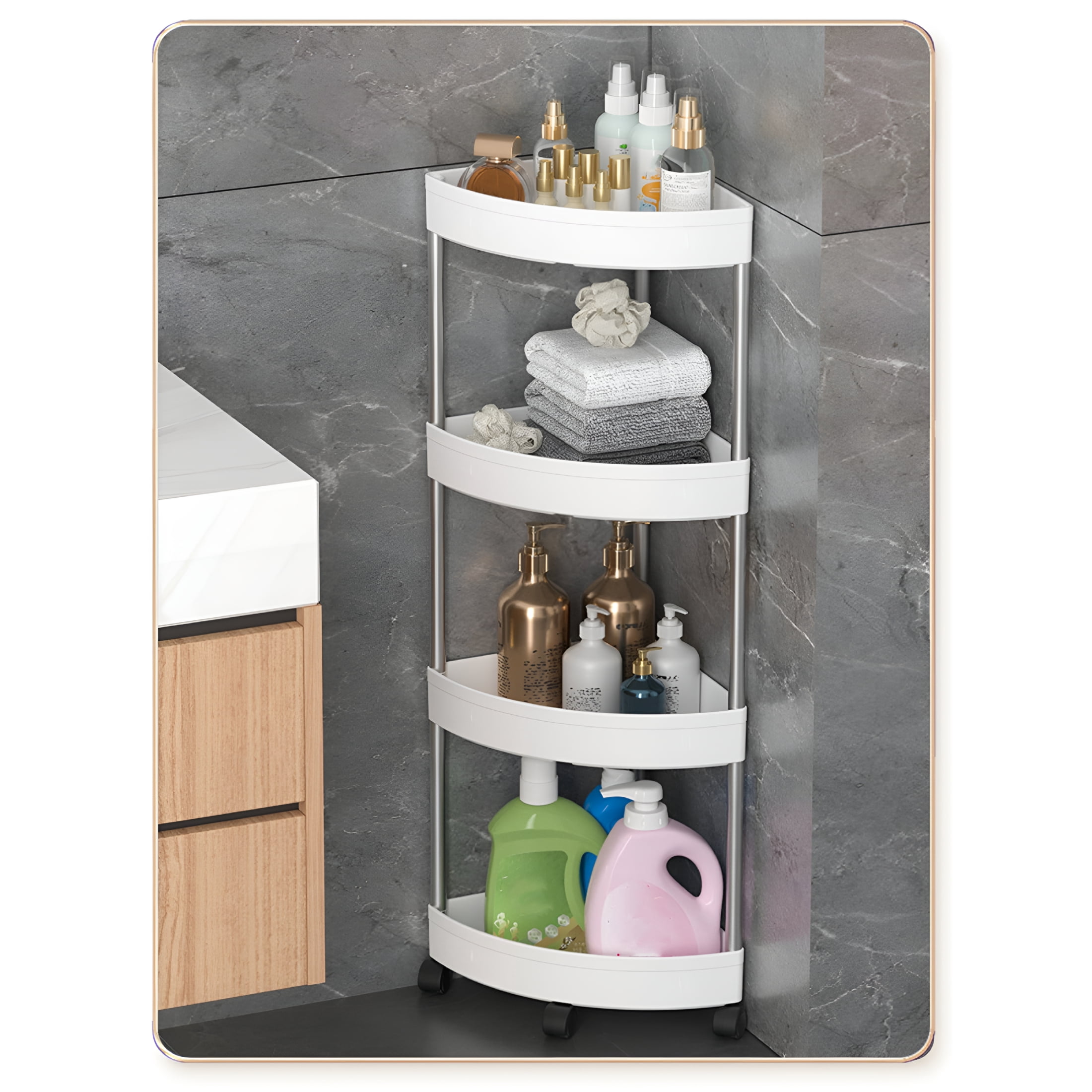 ACDANC Corner Shower Caddy Tension Pole Shower Organizer with 4 Tier Shelf for Bathroom Bathtub Tub Shampoo - Floor Standing Rack Bath Storage Holder