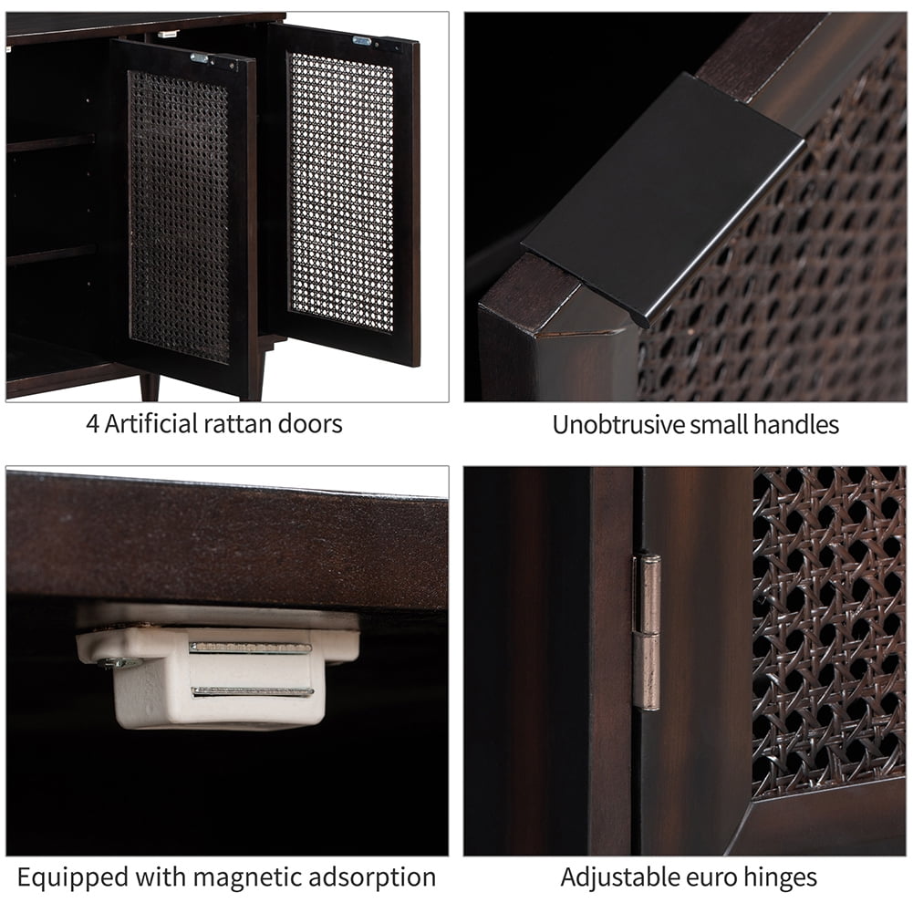 Resenkos 58" Accent Cabinet with 4 Rattan Doors and 2 Adjustable Shelves, Espresso
