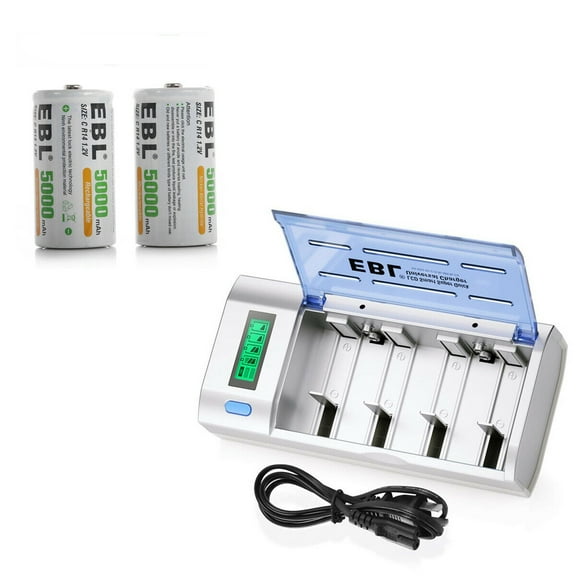EBL 2-Pack 5000mAh Size C Rechargeable Batteries with LCD Battery Charger for 9V C D Batteries