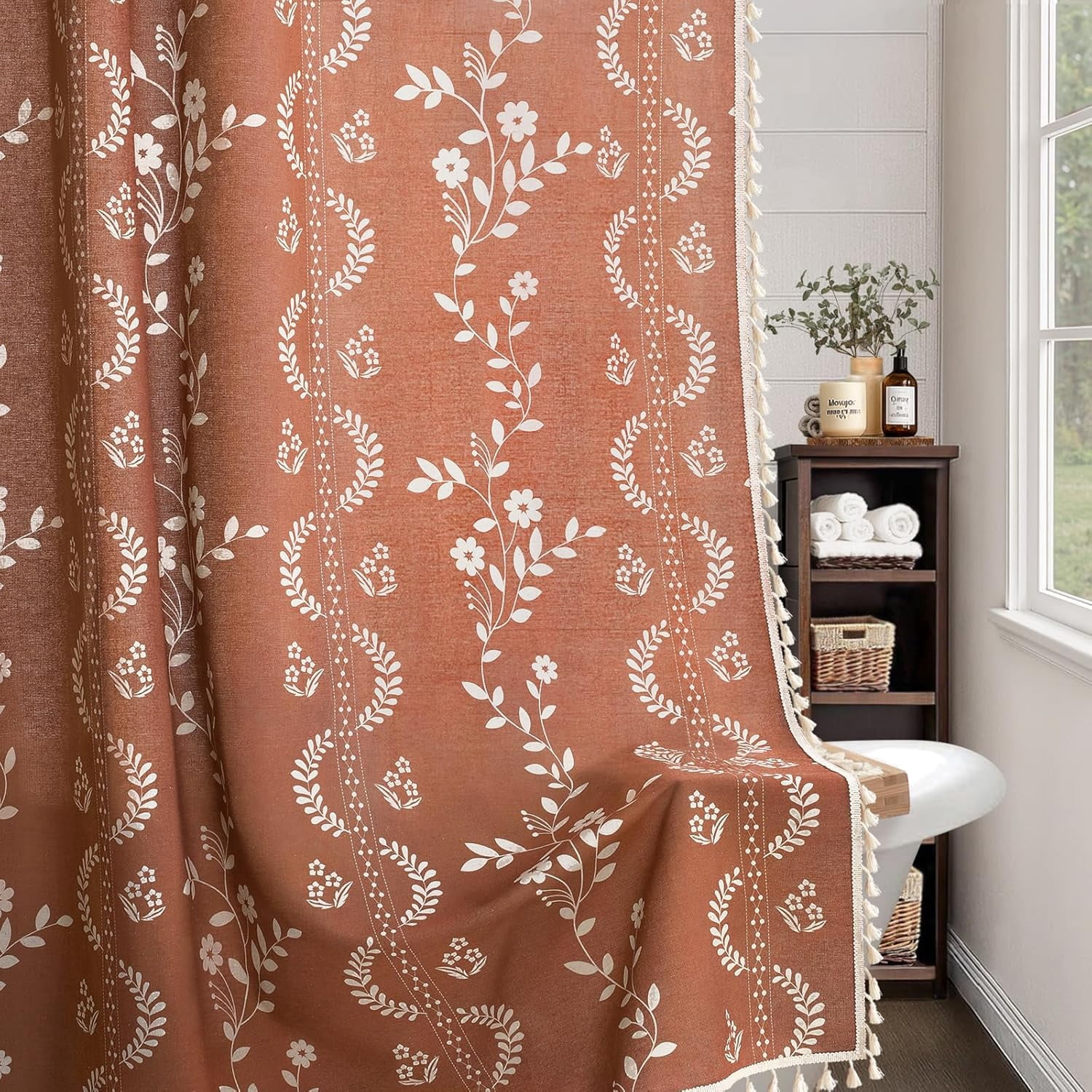 Psoiuetr Vintage Boho Terracotta Shower Curtain, Floral Patterned Shower Curtains for Bathroom with Tassels 72" W x 72" L