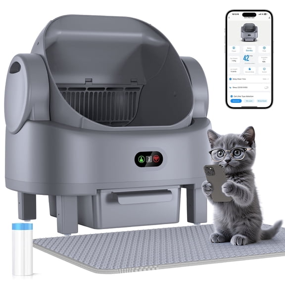 Self Cleaning Litter Box Automatic Open-Top Cat Litter Box with App & Safety Features – Includes Litter Liners & Mat – Light Grey