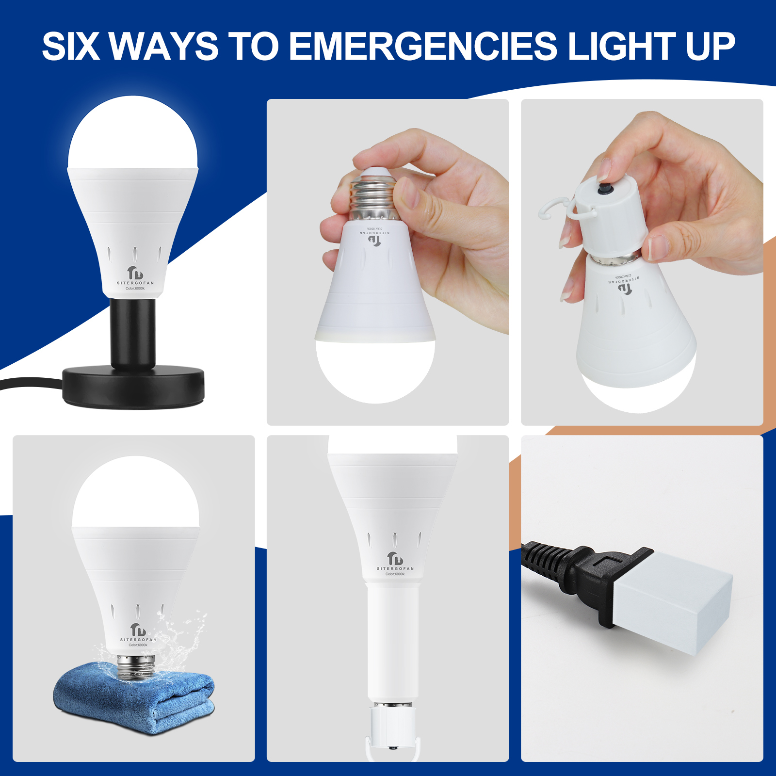 3 Pack Rechargeable Emergency Light Bulb, A19 9W Cold White 6000K Self-Charging LED Light Bulb, Up to 24 Hours Battery Backup Light Bulbs for Daily Home Emergency