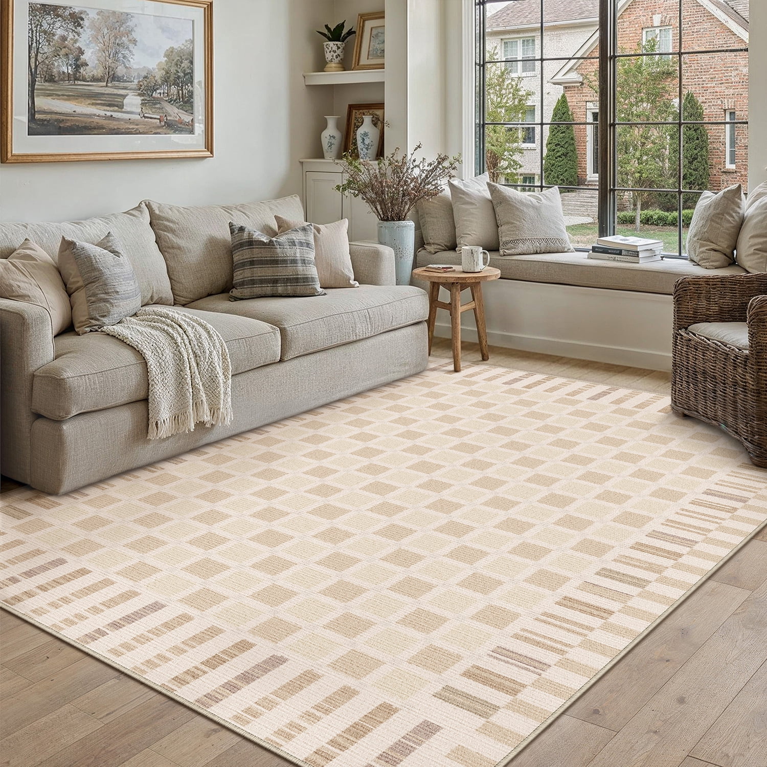 BERTHMEER 9'x12' Area Rugs for Living Room Bedroom Office Dining Room Farmhouse Geometric Modern Indoor Large Rugs Non Slip Machine Washable Carpets,Beige