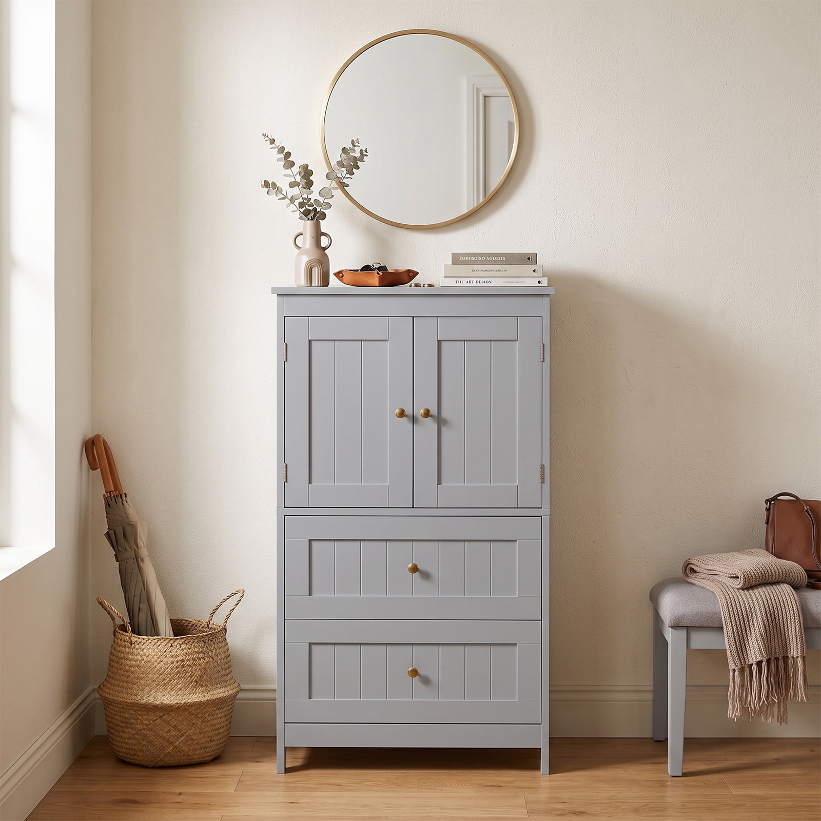 2-Drawer 2-Door Vertical Bathroom Cabinet, Grey, 23.62 x 11.81 x 43.31 in