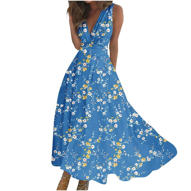 RKSTN Robes d'Invitée de Mariage pour Femmes Mode Décontractée Amples Grande Taille Évasées Robes d'Été Décontractées Bohèmes à Imprimé Floral Sans Manches à Col en V Poitrine Enveloppée Robes de Cocktail
