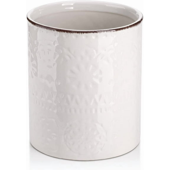 7.2" Kitchen Utensil Holder, Extra Large Farmhouse Utensil Holders for Countertop, Ceramic Utensil Crock, Anti Slip Cork Bottom (White, 7.2 Inch)