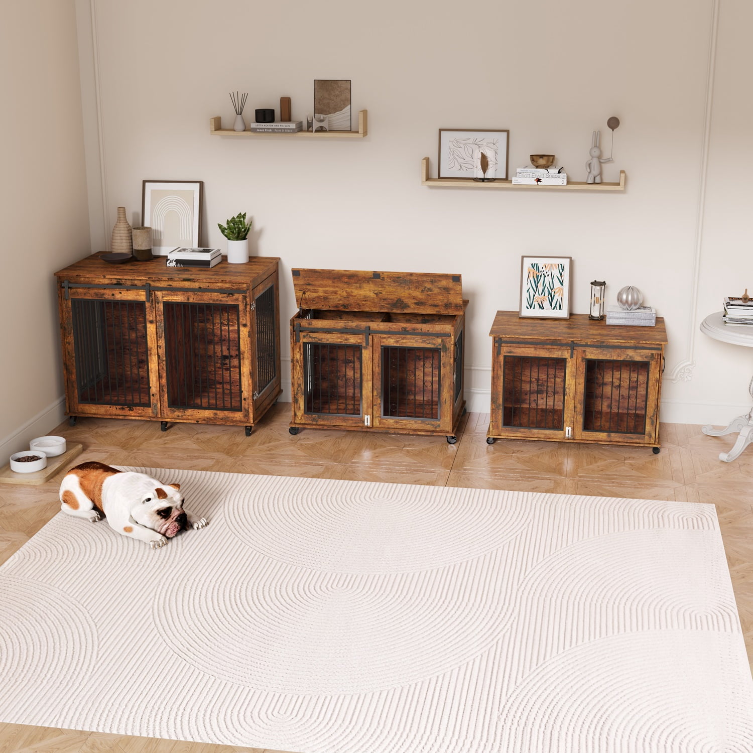 Mulinsonfly 47" Wooden Dog Crate Furniture with Sliding Barn Door, Flip-Top Lid, Lockable Wheels & Removable Divider, Indoor Dog Kennel Table for Small, Medium, Large Breeds