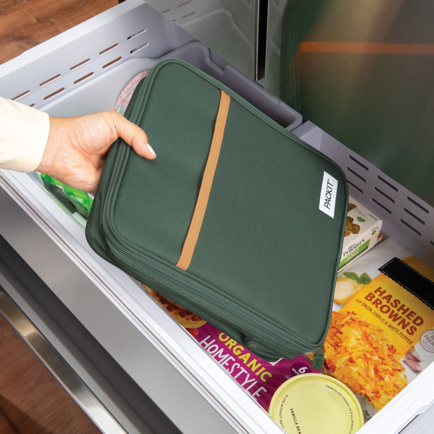 PackIt Freezable Gel-Lined Large Upright Lunch Box, Olive and Orange, Ideal Use for Workday Meals and Travel