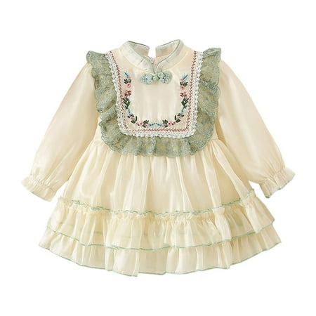 

YDOJG Dresses for Girls Long Sleeve Floral Embroidery Tulle Ruffles Dress Dress Dance Party Dresses Clothes Beige 12-18 Months