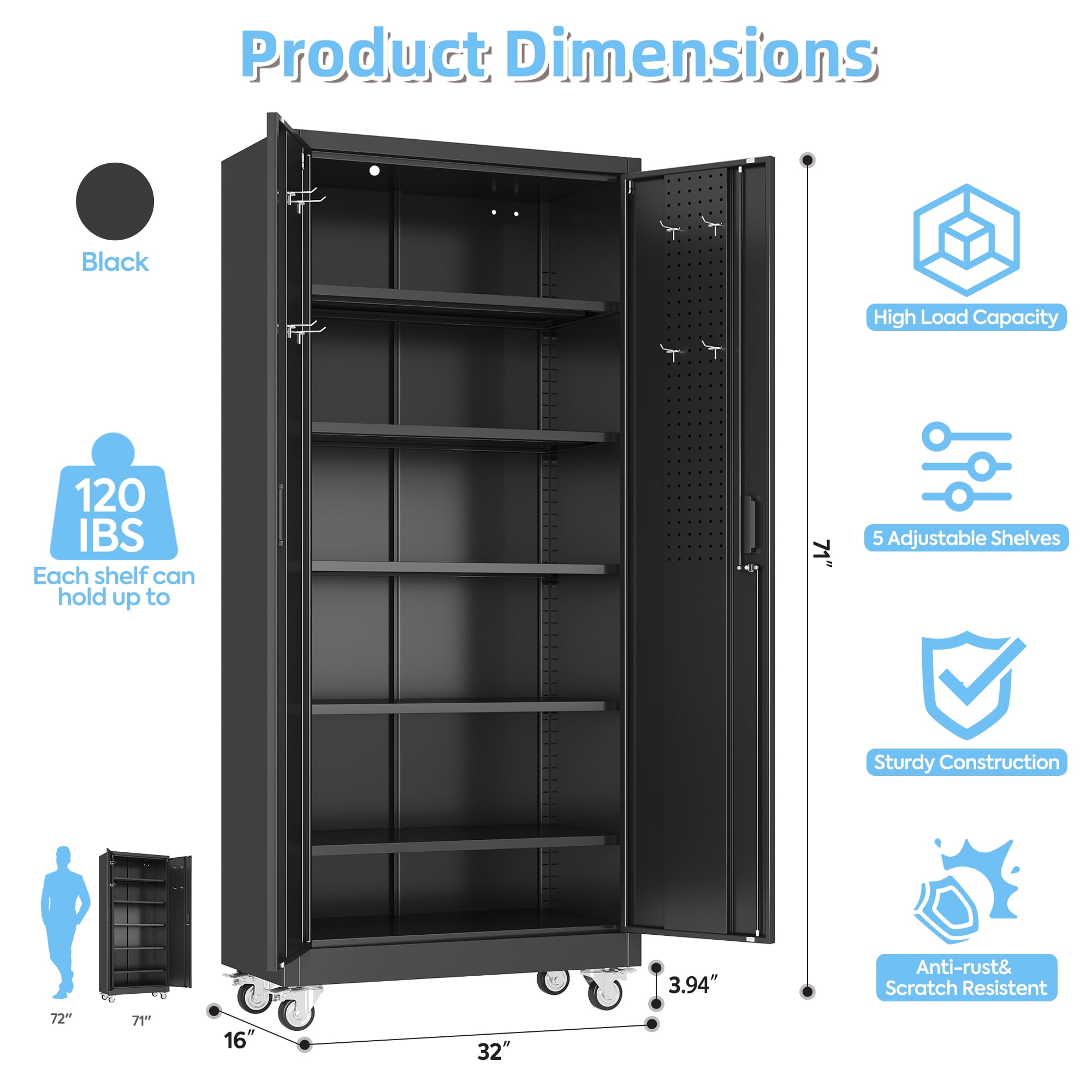 HUAXRON 71 inches Tall Metal Rolling Garage Storage Cabinets with Locking Doors and 5 Adjustable Shelves, Metal Storage Cabinet for Garage, Office, Home, Classroom, Assemble Required(Black)