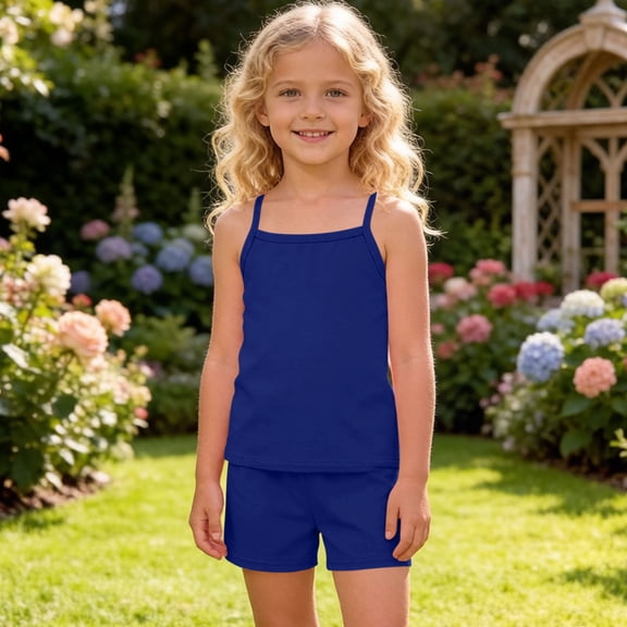 Girls' Simple 4-15Y Summer 2 Piece Set, Solid Cotton Sleeveless Tank & Shorts, Casual Daily Kids Outfit Navy 7-8 Years