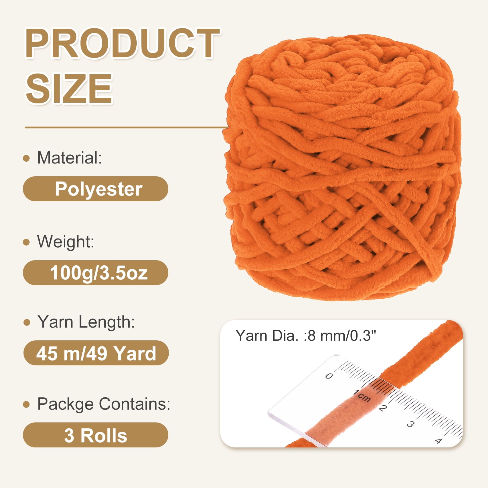 Uxcell 3 Pcs Blanket Yarn, 49 Yards Fluffy Velvet Plush Bulky Thick Chenille Chunky Yarn for Soft Velvet Blanket Shawl Scarf Crochet Hand Knitted Crafts, Orange Red