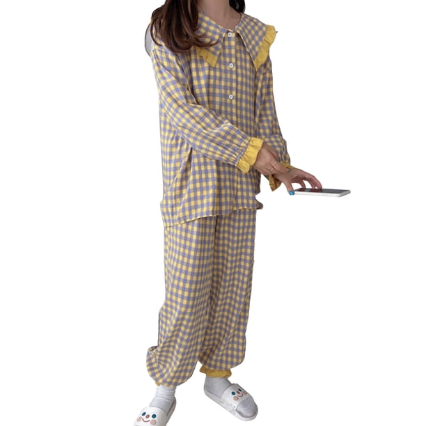 Conjunto de pijamas de manga larga para mujer Primavera Otoño Casual Precioso Patrón de cuadros sueltos Volantes Ropa de dormir de manga larga para mujer Patrón de cuadros con cuello con volantes XL