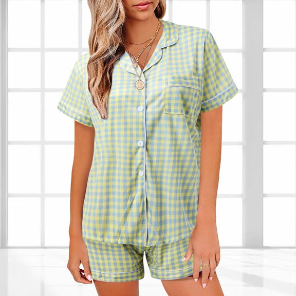 Vedolay Summer Pajamas For Women Women's Knit Shorts Set Round Neck Short Sleeve Set,A M