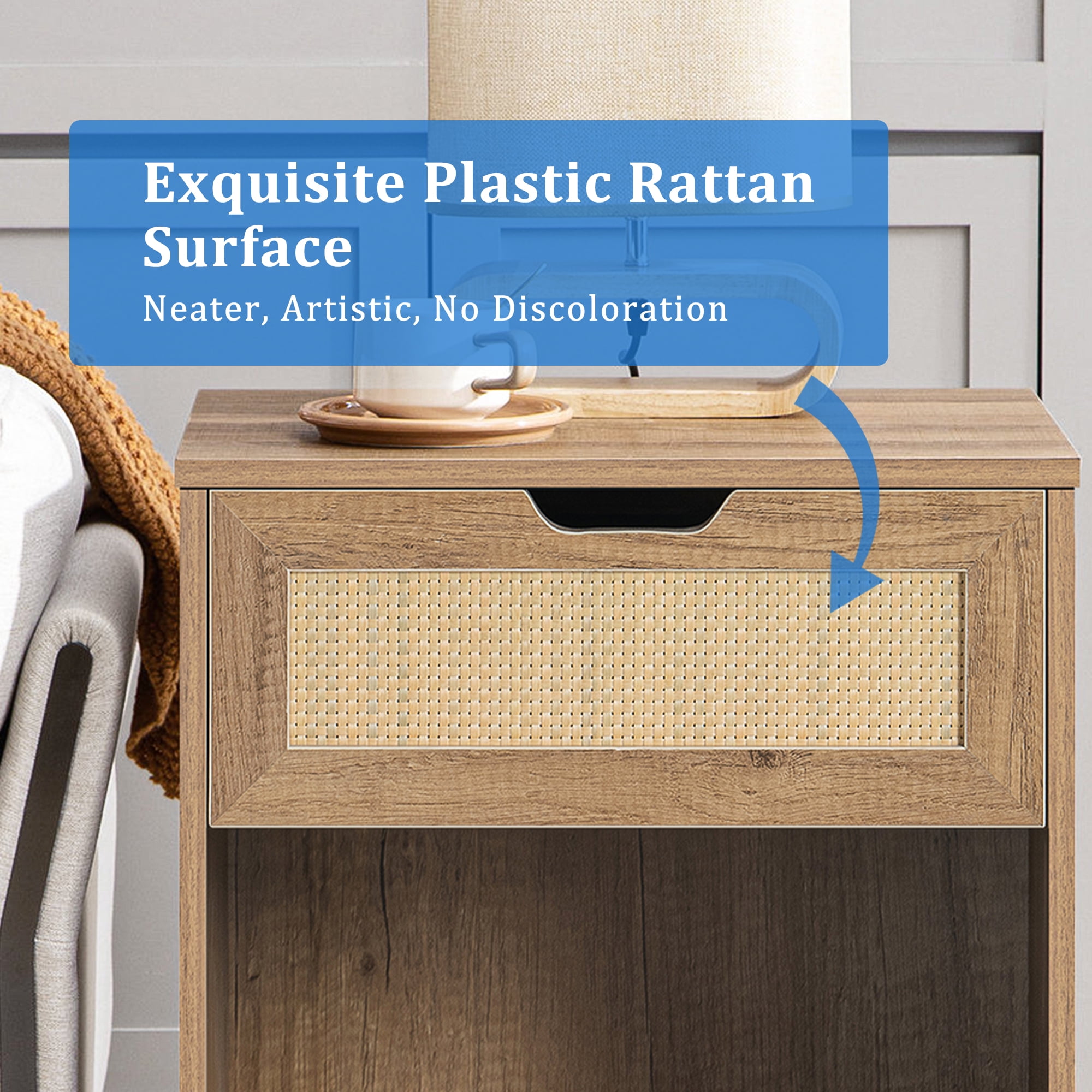 Kadyn Rattan Nightstand, Natural Bedside Table with Drawers and Open Shelves for Bedroom Kadyn Rattan Nightstand, Natural Bedside Table with Drawers and Open Shelves for Bedroom