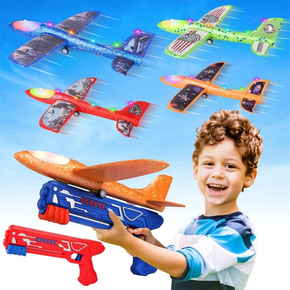 Wupuaait 4 Pack Catapult Airplane Toy with Stickers, LED Lights and Launcher Xmas Gifts Gliders for 4-12 Kids, Green$Red&Orange&Blue