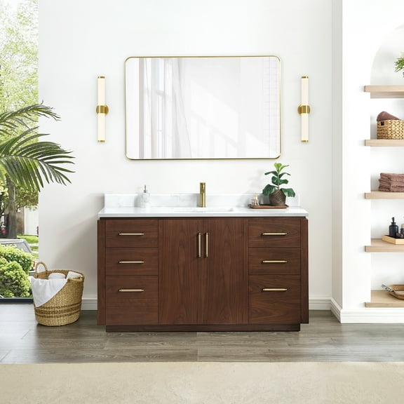 Vinnova San 60" Single Sink Wood Bath Vanity with Mirror in Natural Walnut/White