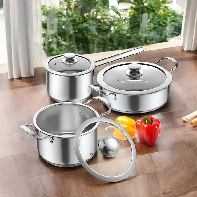 Bamboohart 6 Piece Non-Stick Kitchen Induction Cookware Set Stainless Steel Cookware Set For Induction/Electric And Gas Cooktops Non-Stick Dishwasher Safe