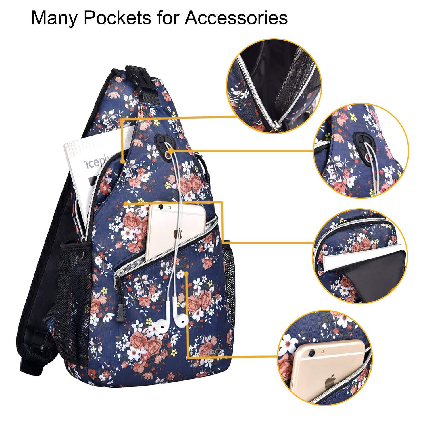 Mosiso Polyester Sling Bag Backpack Travel Hiking Outdoor Sport Crossbody Shoulder Bag Multipurpose Daypack for Women Men, Navy Blue Base Floral - image 2 of 6