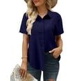 thumbnail image 2 of ONLYSHE Women's Button Up V-Neck Casual Office Business Blouses Plain Tops Short Sleeve Blue T Shirts, 2 of 5