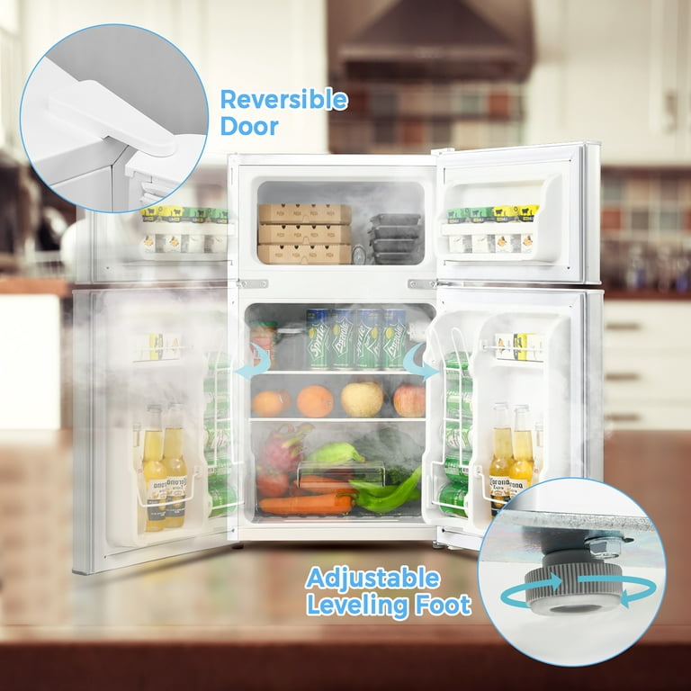 HOMCOM Double Door Mini Fridge with Freezer, 3.2 CU.FT Compact Refrigerator with Adjustable Shelf, Adjustable Thermostat