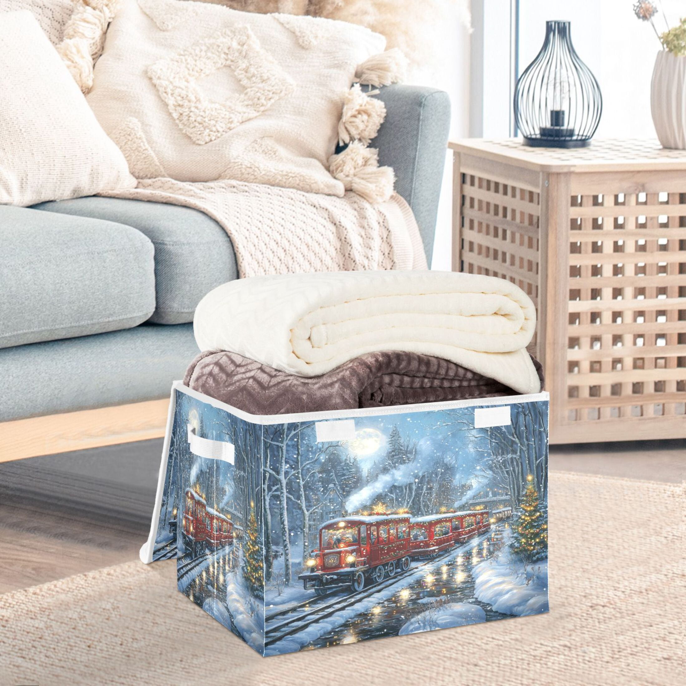 WOBOGO Christmas Train Picture Large Collapsible Storage Box Flip Lid Fabric Decorative Organizer Container Basket with Handles 16.5×12.6×11.8in