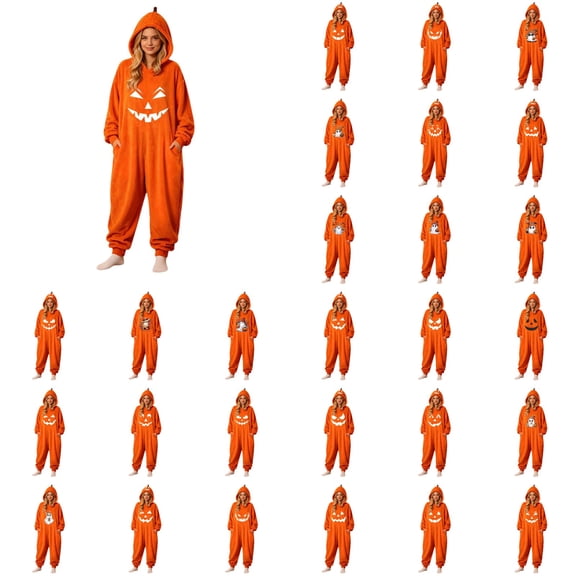 ibiyuan Pumpkin Jack O Lantern Hooded Outfit Adult Plush Halloween Pumpkin Pajamas with Hood One Piece Jumpsuit