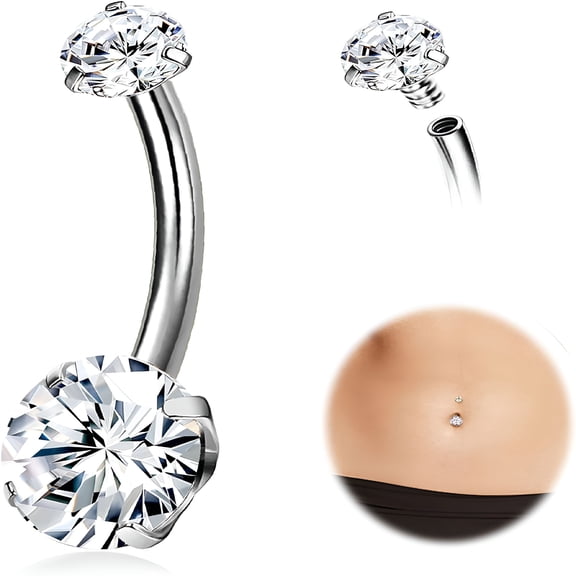 DESIGNICE Solid Titanium Belly Button Rings, 14G Internally Threaded 12mm 14mm Long Bar Belly Ring, Cubic Zirconia Navel Rings for Women Men