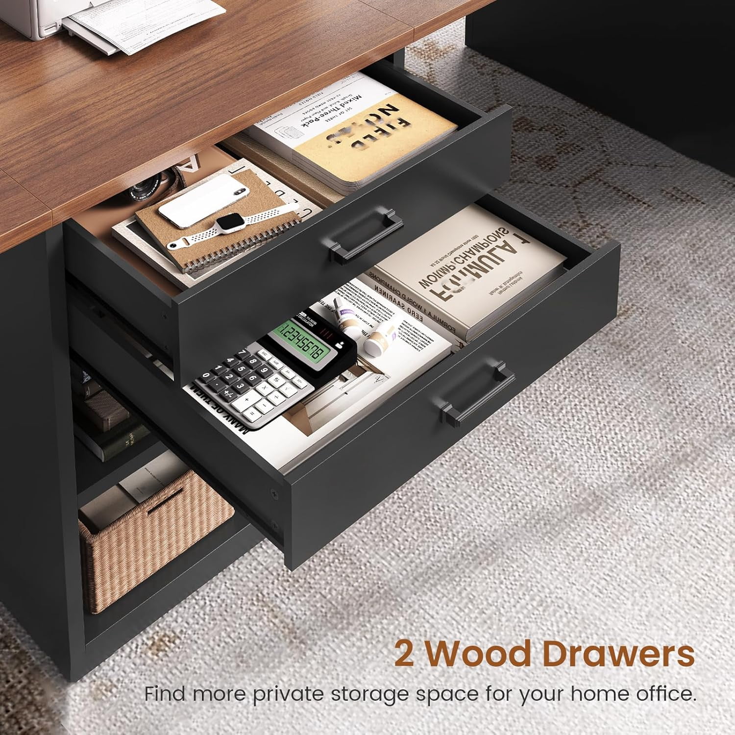 SEDETA Two Person Desk with Drawers, 90 Inch Long Office Desk with Storage Shelves, Double Gaming Desk, Wooden Couple Desk, Writing Table with Storage for Home Office, Black