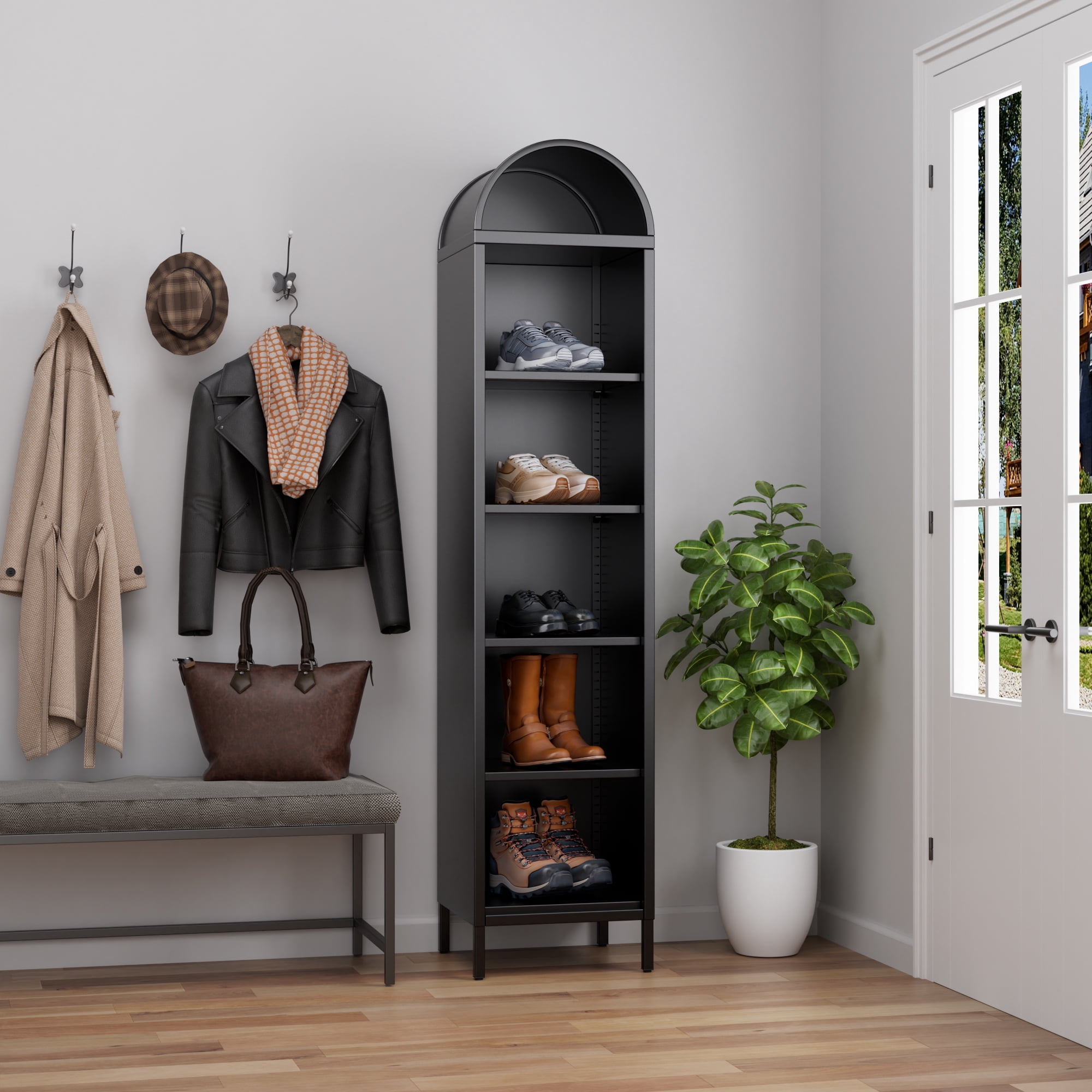 Aobabo Metal Arched Bookcase with 4 Adjustable Shelves,6 Tier Arch Display Bookshelf for Home, Office, Study Room, Assembly Required, Black,13.78"D x 16.26"W x 72.83"H