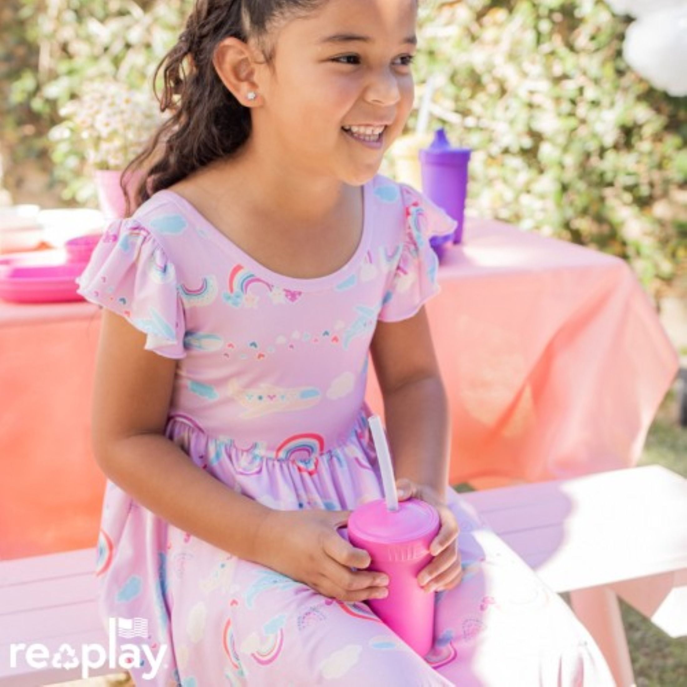 Re-Play Sippy Cups for Toddlers - 10 oz. Straw Cups Set of 3 for Kids - Silicone Locking Straws - Dishwasher/Microwave Safe - USA Made - Pixel Blush