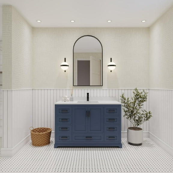 Ayna Decors Maya 48 in Navy Blue Bathroom Vanity Set with White Quartz Countertop | Ceramic Sink | 2 Soft Closing Doors | 7 Full Extention Soft Close Drawer | Black Hardware