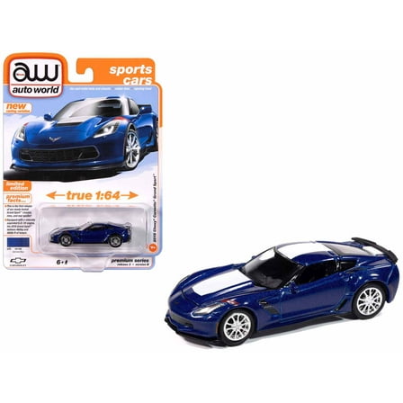 2018 Chevrolet Corvette Grand Sport Admiral Blue with White Stripe "Sports Cars" Series 1/64 Diecast Model Car by Auto World