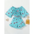 thumbnail image 3 of Kiapeise Toddler Kids Baby Girls Summer Clothes Off Shoulder Ruffle Heart Print Crop Top with Shorts Pants 2PCS Outfits Set, 3 of 9