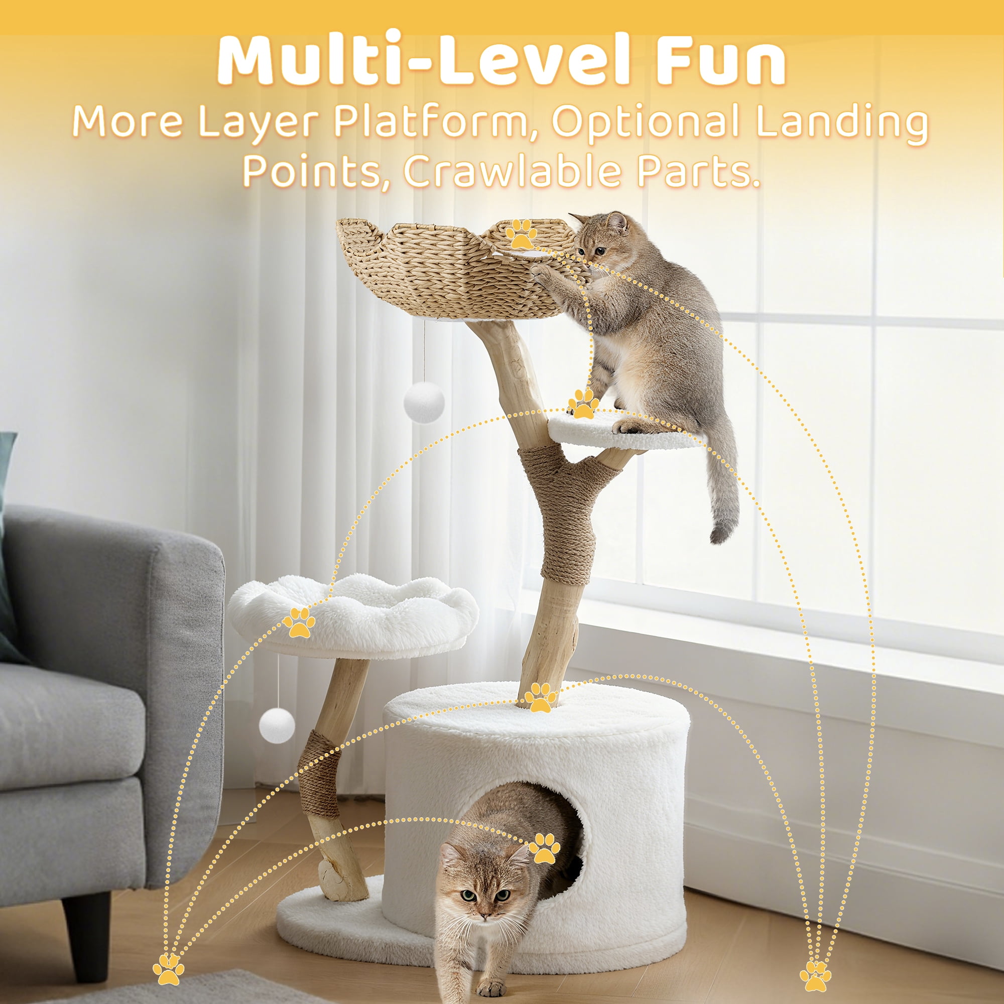 PERIMIDOME 43'' Cat Tree Tower with Cozy Beds&Scratching post, Multi-Level Cat Climbing Furniture for Indoor Cats,Faux Wood Grain Design