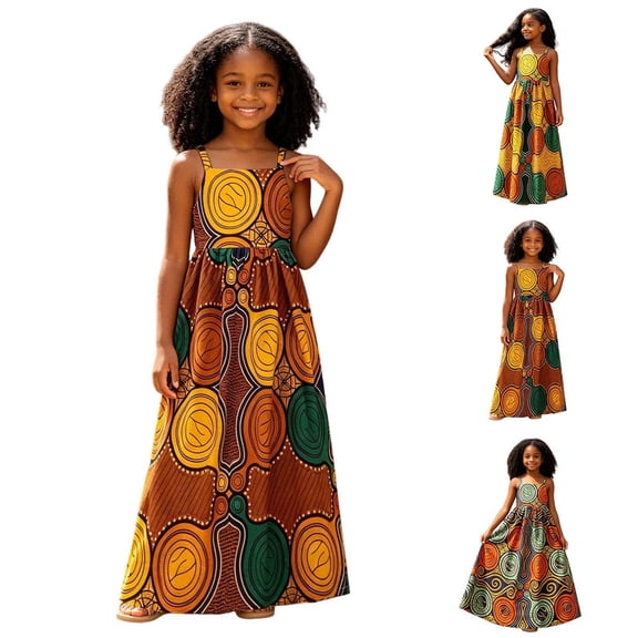Rvusndi Girls Dresses,Girls Summer Dresses,Girls Boho Summer Dress African Print Sleeveless Backless Tie Dye Casual Flowy Party Wear