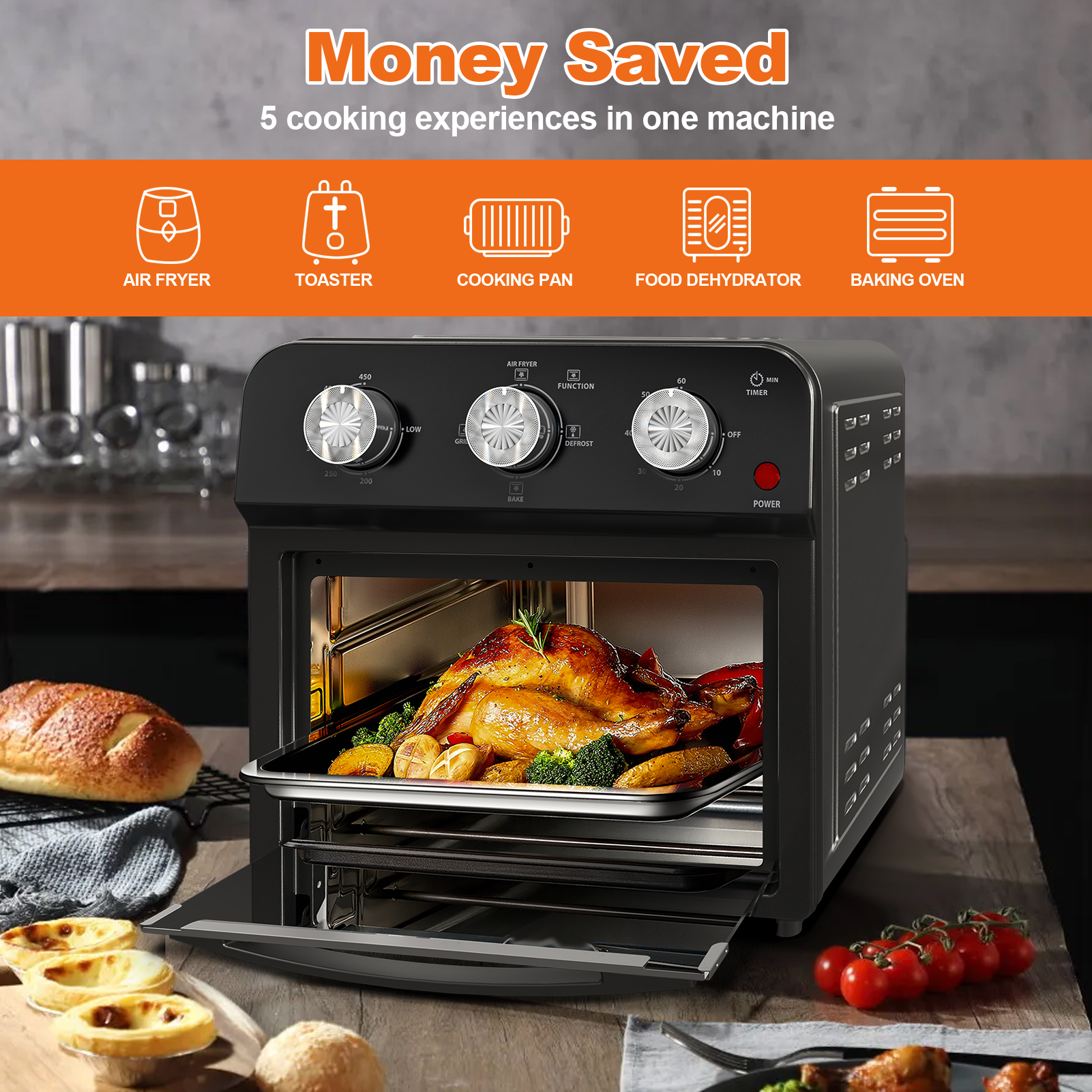 PlumChef 13 Quart 4 Slices Air Fryer Convection Toaster Oven, 1500W, 4 Cooking Modes, 7 in 1 Multifunction with Roast, Bake, Grill, Broil, Toast, Dehydrate, Defrost, Stainless Steel