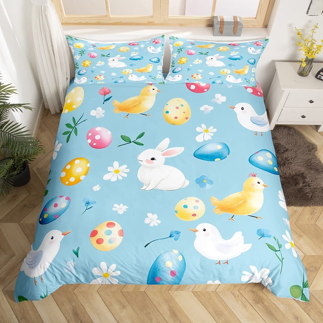 Erosebridal Cute Chicken Rabbit Comforter Cover, Happy Easter Egg Bedding, Daisy Blossom Home Decor Ultra Soft 2 Pieces (No Comforter)