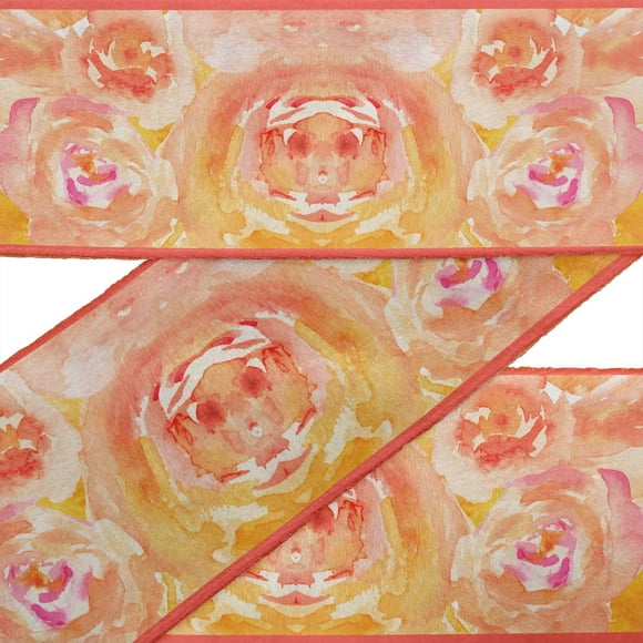 IBA Indianbeautifulart Ruban Aquarelle Fleur Orange Ruban Ruban Tissu Lacets pour Artisanat Dupion Imprimé Bordure par 9 Verges Accessoires de Couture 2 Pouces
