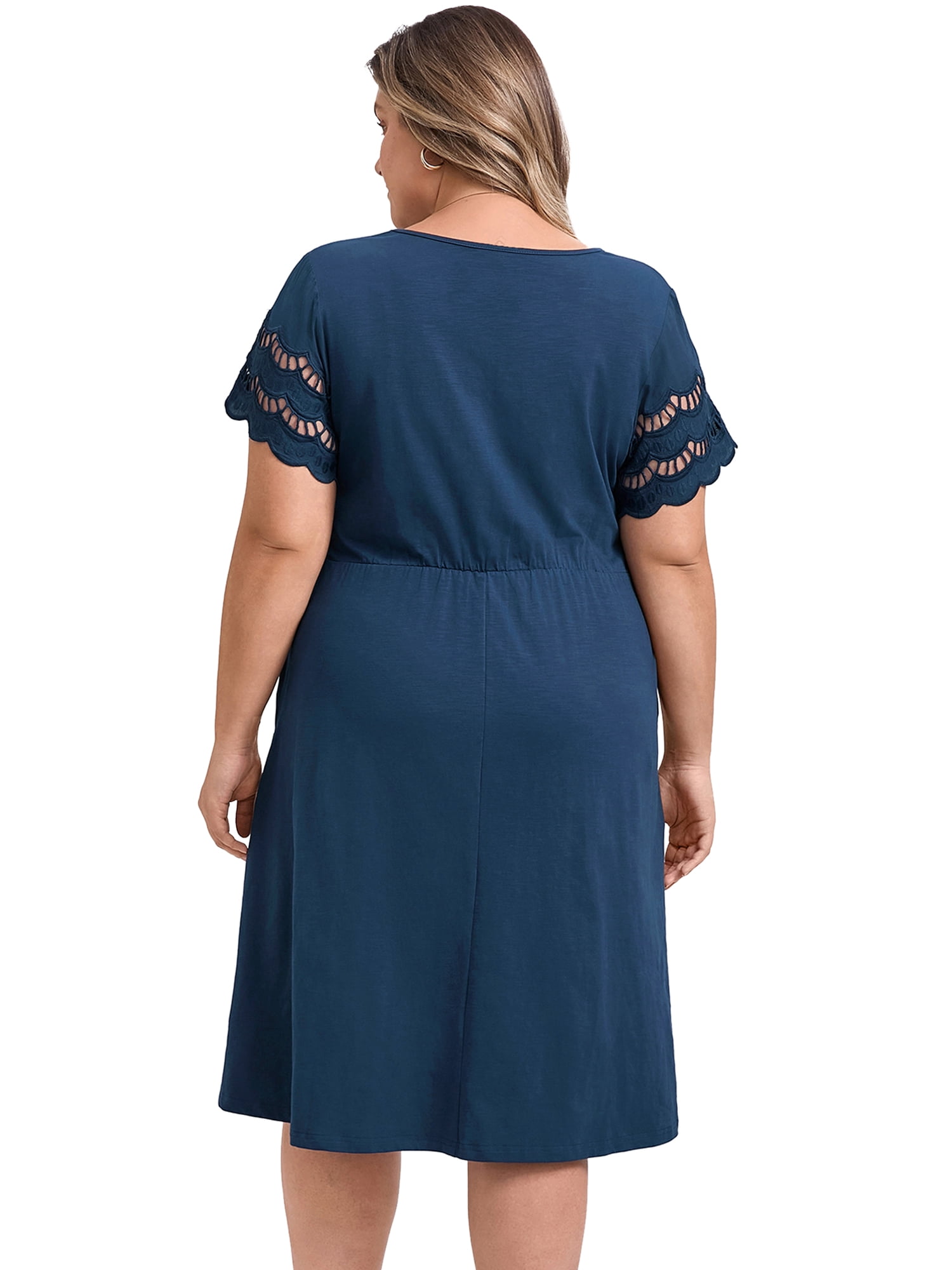 DARING DIVA Plus Size V Neck Hollow Eyelet Details Dress 4X Navy Blue