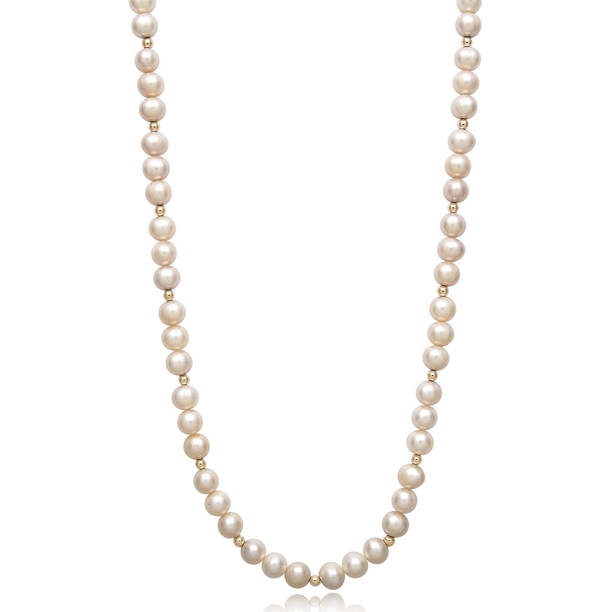 6-7mm Genuine White Cultured Freshwater Pearl and 14kt Yellow Gold Bead Necklace, 18" by China Pearl
