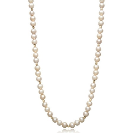 6-7mm Genuine White Cultured Freshwater Pearl and 14kt Yellow Gold Bead Necklace, 18
