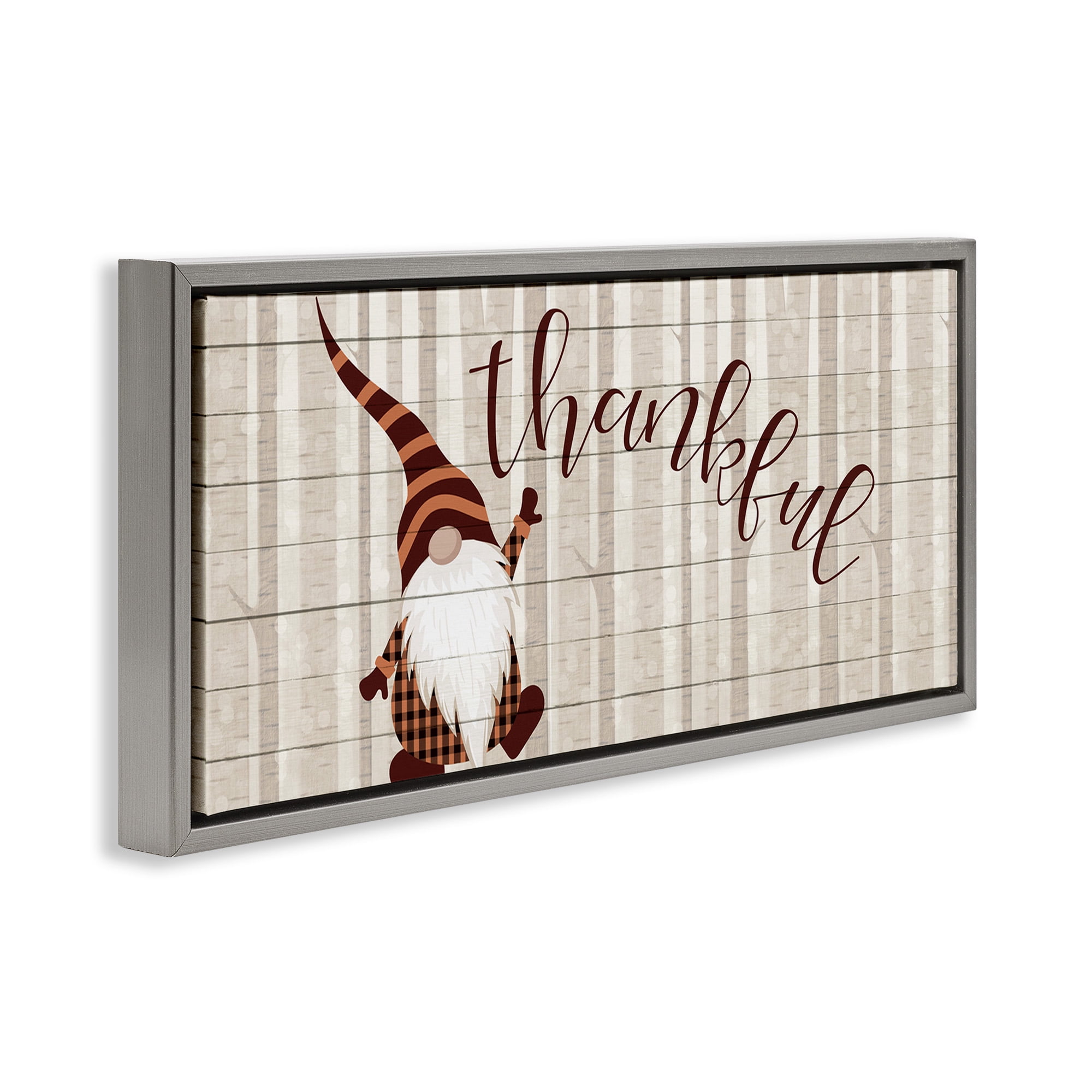 Stupell Industries Thankful Harvest Forest Gnome Fairy Tales & Fantasy Painting Gray Floater Framed Canvas Art Print Wall Art, 25 x 11