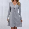 thumbnail image 2 of Gibobby Vestidos de sueter Vestido de manga larga con cintura abotonada y cuello en V de color sólido para mujer(Gris,CH), 2 of 4