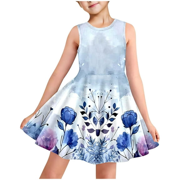 Hrsba Kids Summer Dress,Casual Sleeveless Dress for Girls,Fashionable Full-print Children's Round-neck Sleeveless Dress With Pockets For Middle And Large Children