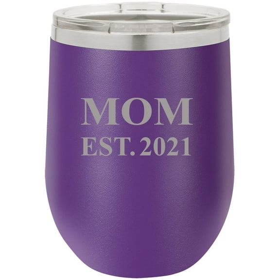 Mom Established Est. 2021 Stainless Steel Engraved Insulated 12 oz Double-Walled Wine Tumbler with Clear Plastic Lid, Purple