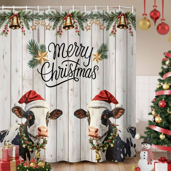 Red Christmas Shower Curtain, Xmas Cow Pine Branches Berry Wooden Grain Waterproof Fabric Shower Curtains with 12 Hooks, Bathroom Curtain Set for Bathroom Accessories Decor, 72 x 78 Inches