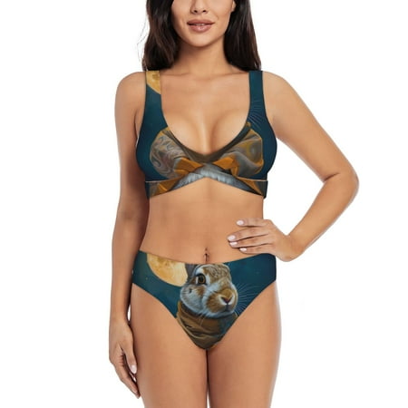 Zeuib Moon Night Sky Cute Rabbit High Waisted Tummy Control Bikini Set - Knot Front Push Up Top & Cheeky Thong Bottom  Two-Piece Swimsuit for Women-XX-Large
