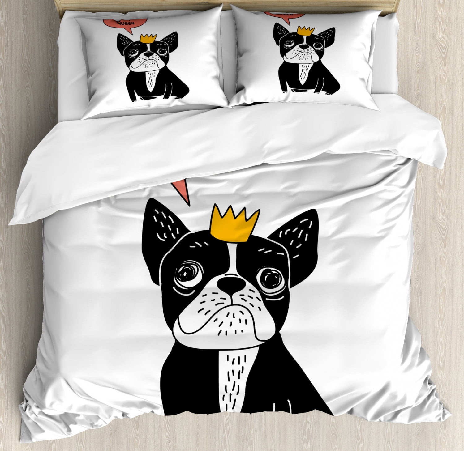 Bulldog Queen Size Duvet Cover Set, Hand Drawn Illustration of a Puppy